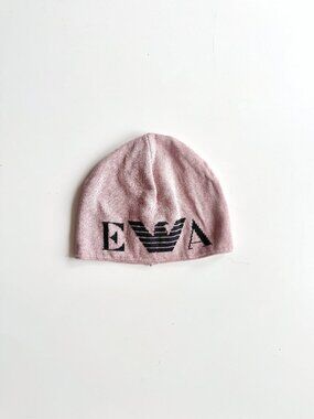 EMPORIO ARMANI Pink Cotton Viscose Knit Logo Beanie Toque Hat, Size 57